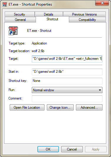 ET Full screen command line options